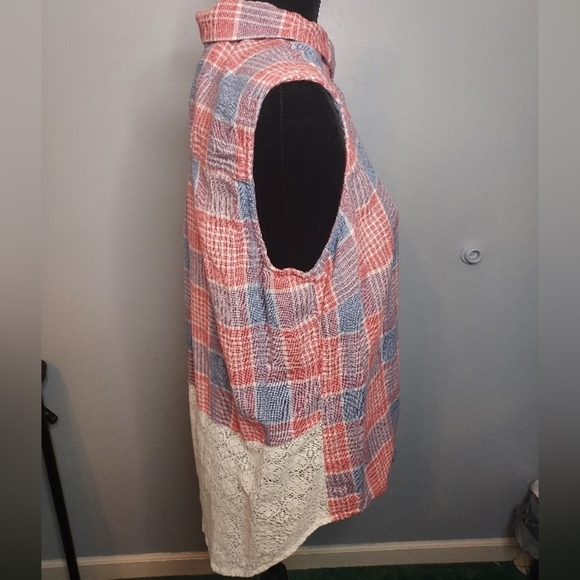 Ruffhewn Size Petite Large Sleeveless Button-down Plaid Top And Lace Back - Picture 5 of 9